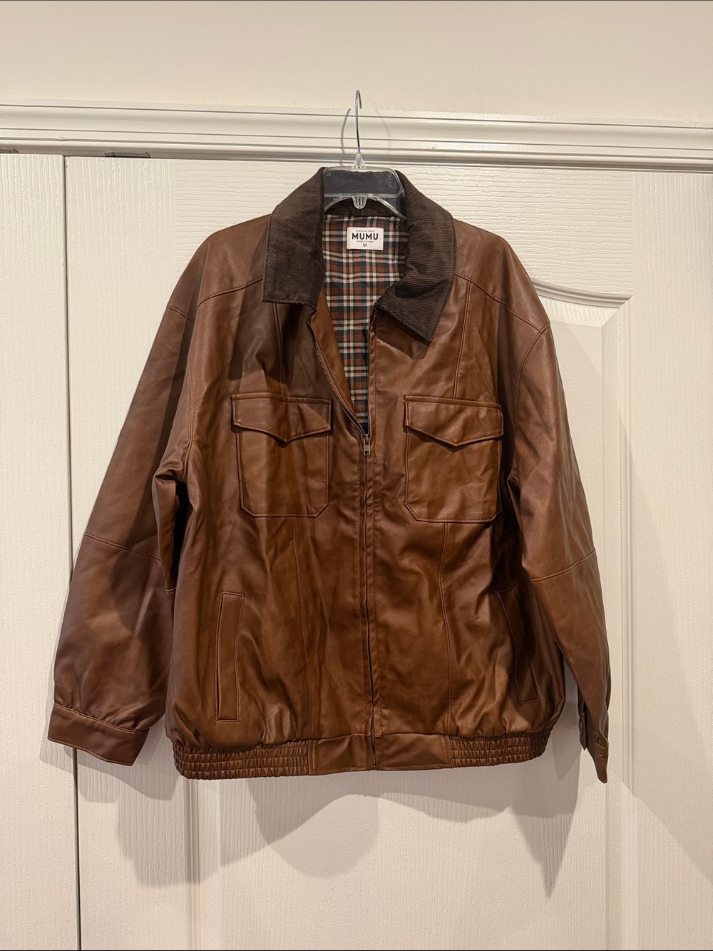 Show Me Your MuMu Oversized Brown Leather Bomber Jacket with Dark Brown Collar